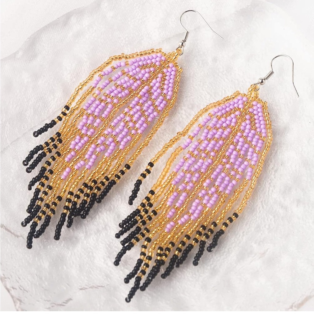Native Boho Beaded Tribal Fringe Drop Earrings NWT